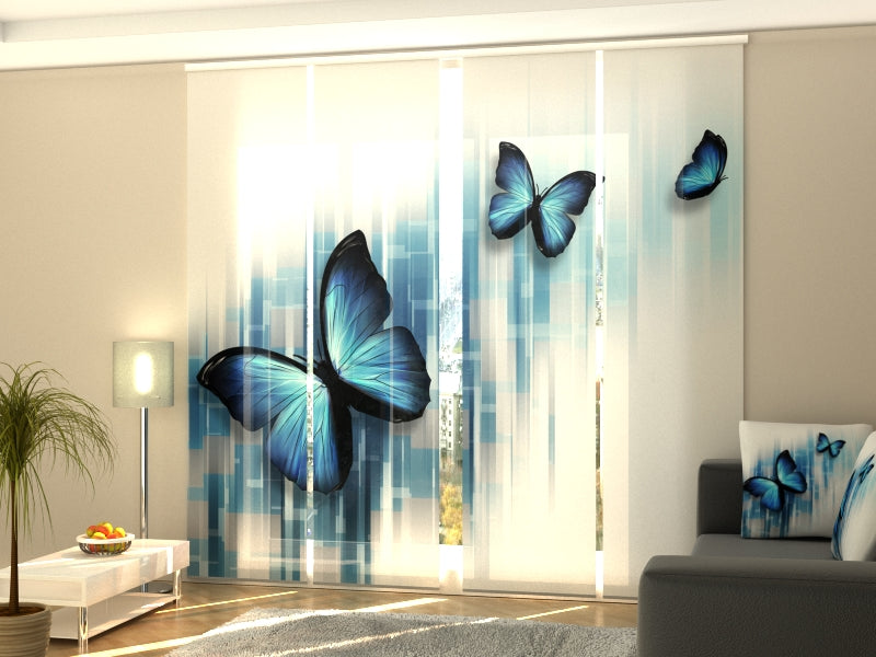 4-Panel Curtains Kit with 4-Track Rail, Blue Butterflies, Size: 60x300 cm