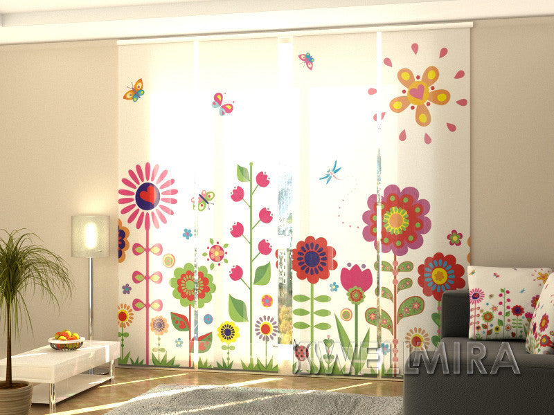 Set of 4 Panel Curtains Flowers and Sun - Wellmira