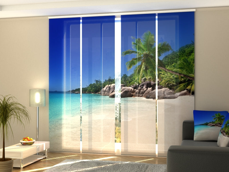 4-Panel Curtains Kit with 4-Track Rail, Palm tree on the beach, Size: 60x245 cm