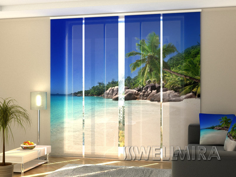 Set of 4 Panel Curtains Palm Tree on the Beach - Wellmira