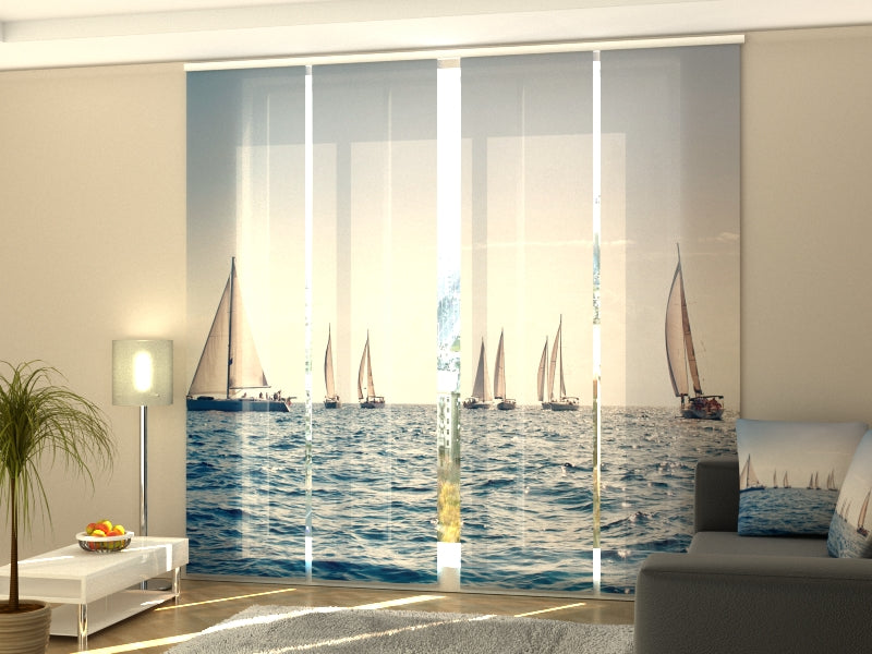 4-Panel Curtains Kit with 4-Track Rail, Sea and Sailboats, Size: 60x245 cm