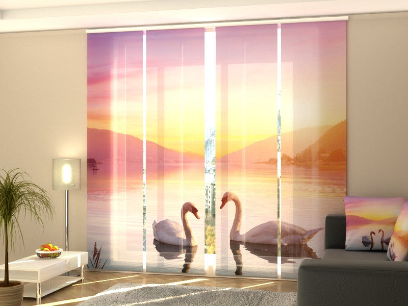 Set of 4 Panel Curtains Swans on the Lake at Sunrise