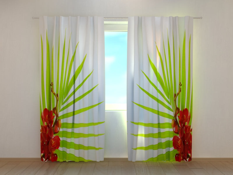 Photo Curtain Palm Leaves with Red Orchids