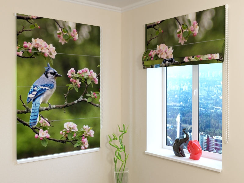 Roman Blind Beautiful Blue Jay on the Spring Twig