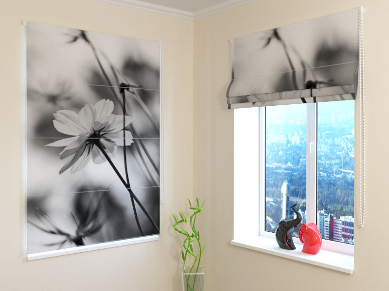 Roman Blind Black and White Field Flowers