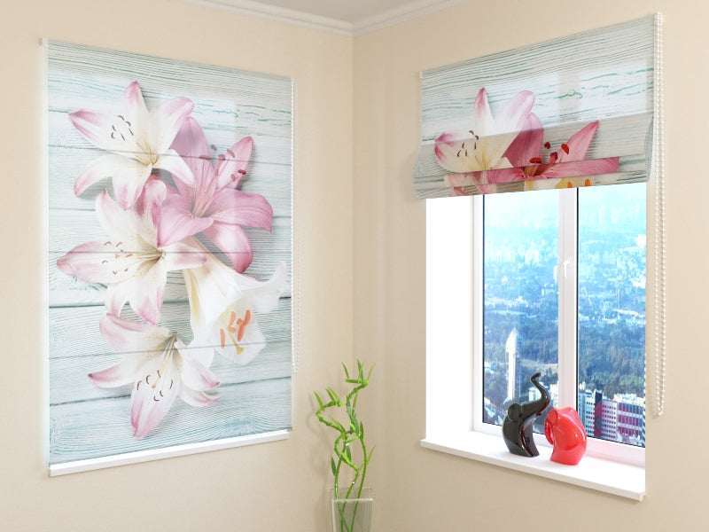 Roman Blind Colorful Lilies on Wood