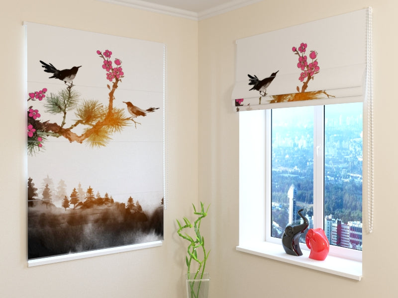 Oiseaux orientaux aveugles romains sur une branche d'arbre