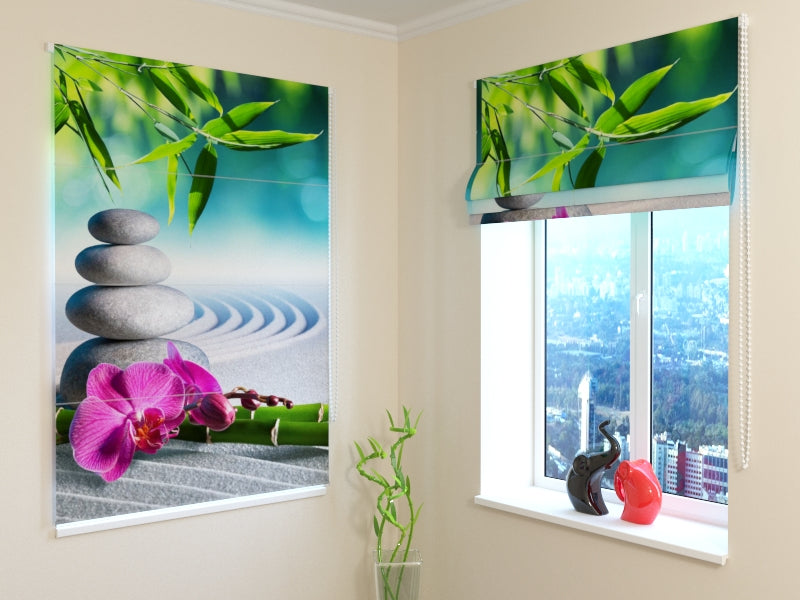 Orchidées roses aveugles romaines dans un jardin zen