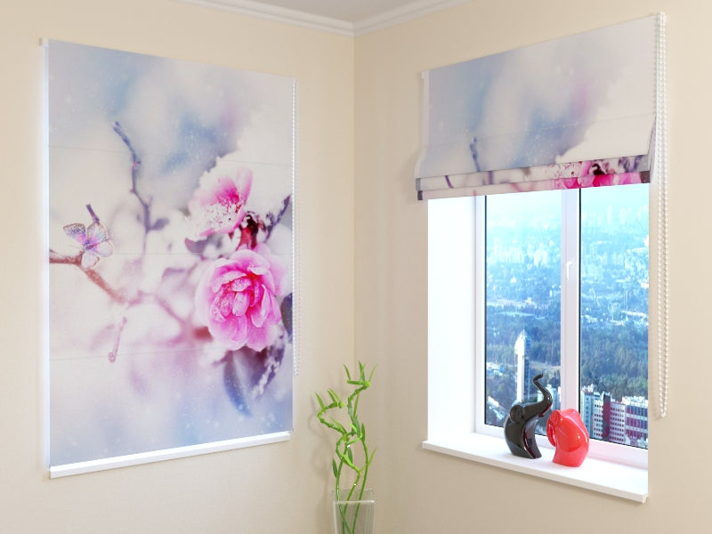 Roman Blind Roses and Butterfly in the Snow