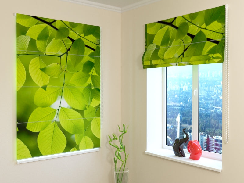 Roman Blind Spring Twig with Green Leaves