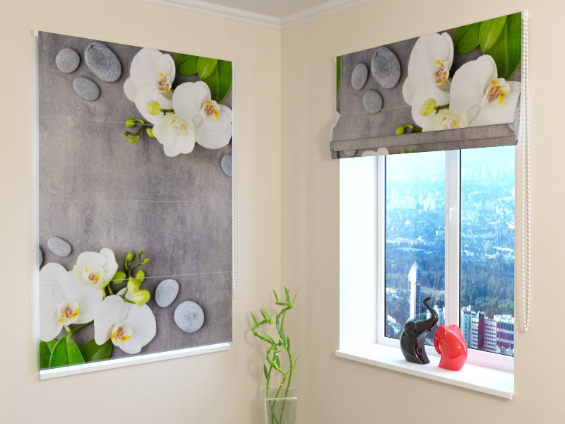 Roman Blind White Orchid and Spa Stones