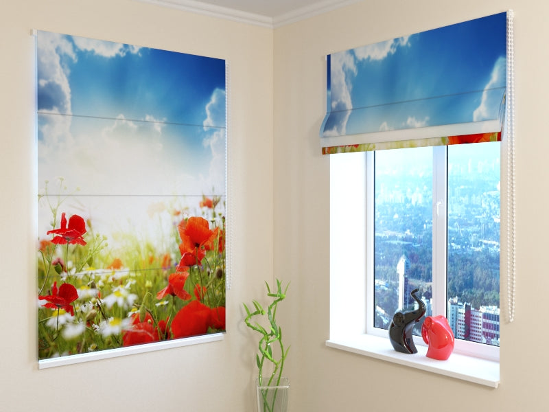 Roman Blind Red Poppies and Blue Sky