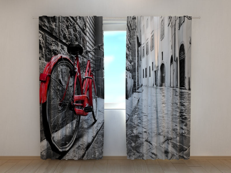 Photo Curtain Red Bike in Black and White City