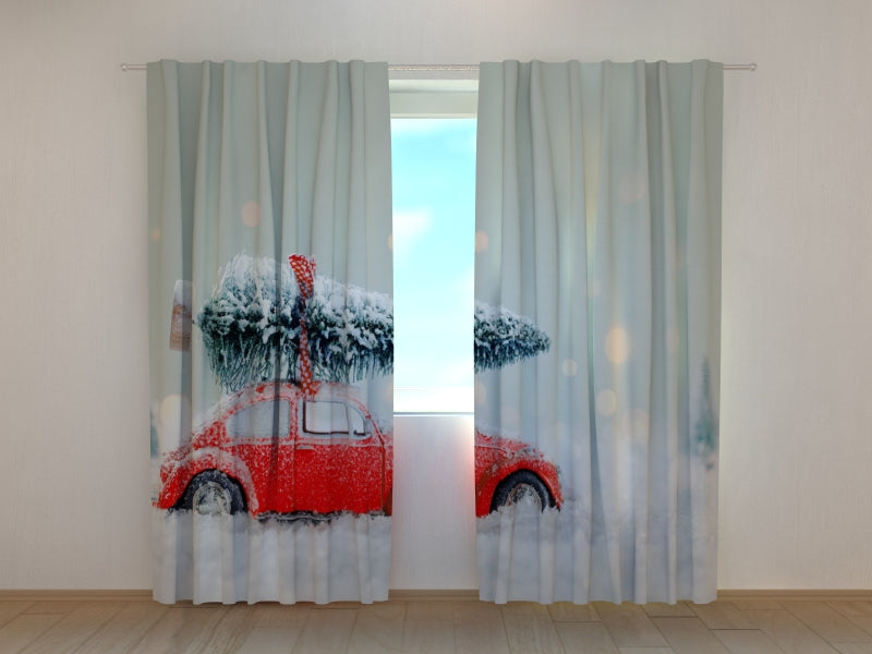 Photo Curtain Red Car with Christmas Tree