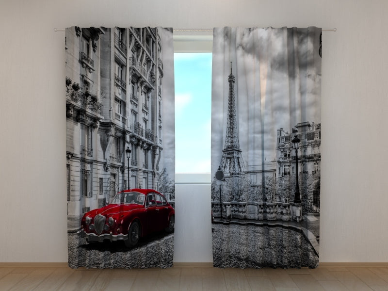 Photo Curtain Red Retro Limousine on the Street of Paris