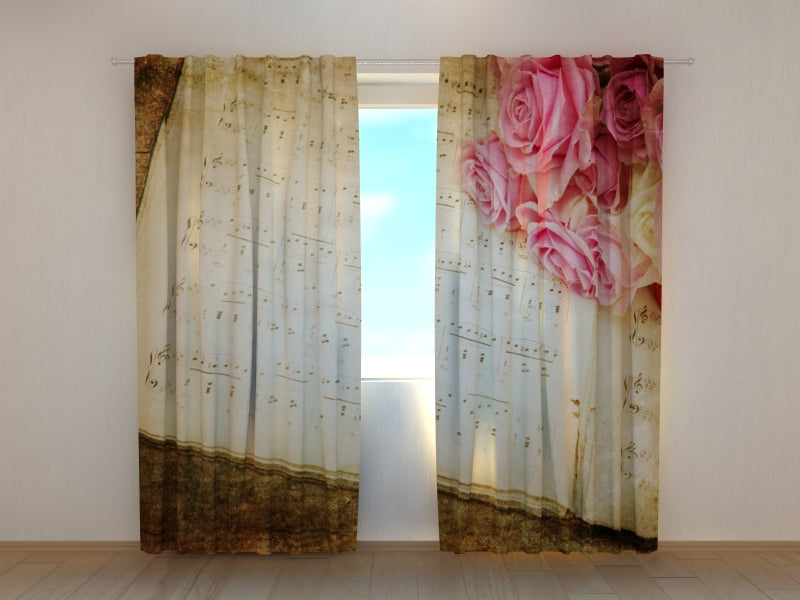 Photo Curtain Roses and Vintage Music Notes