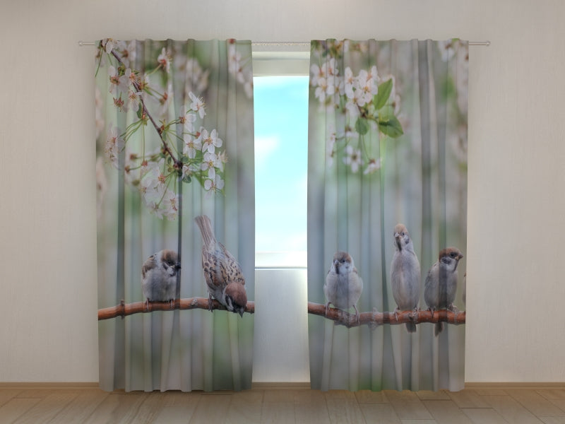 Photo Curtain Small Birds on a Blooming Tree