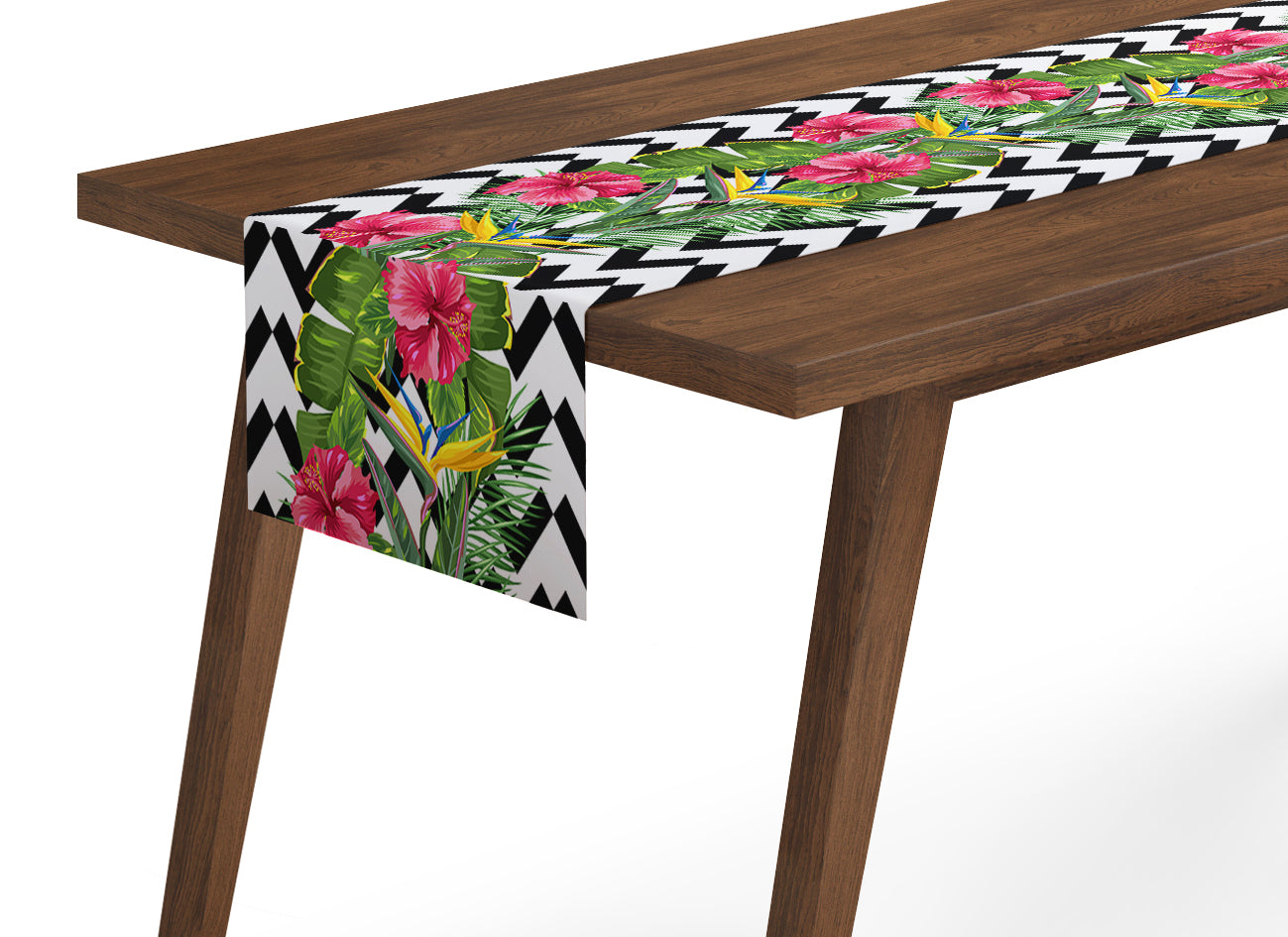 Table Runner Tropical Leaves and Hibiscus Flowers - Wellmira