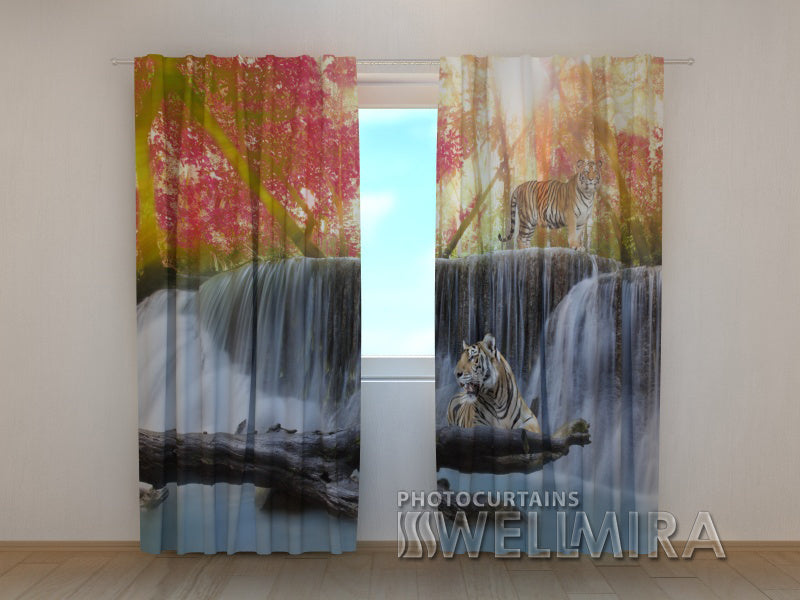 3D Curtain Tigers at the Autumn Waterfall - Wellmira