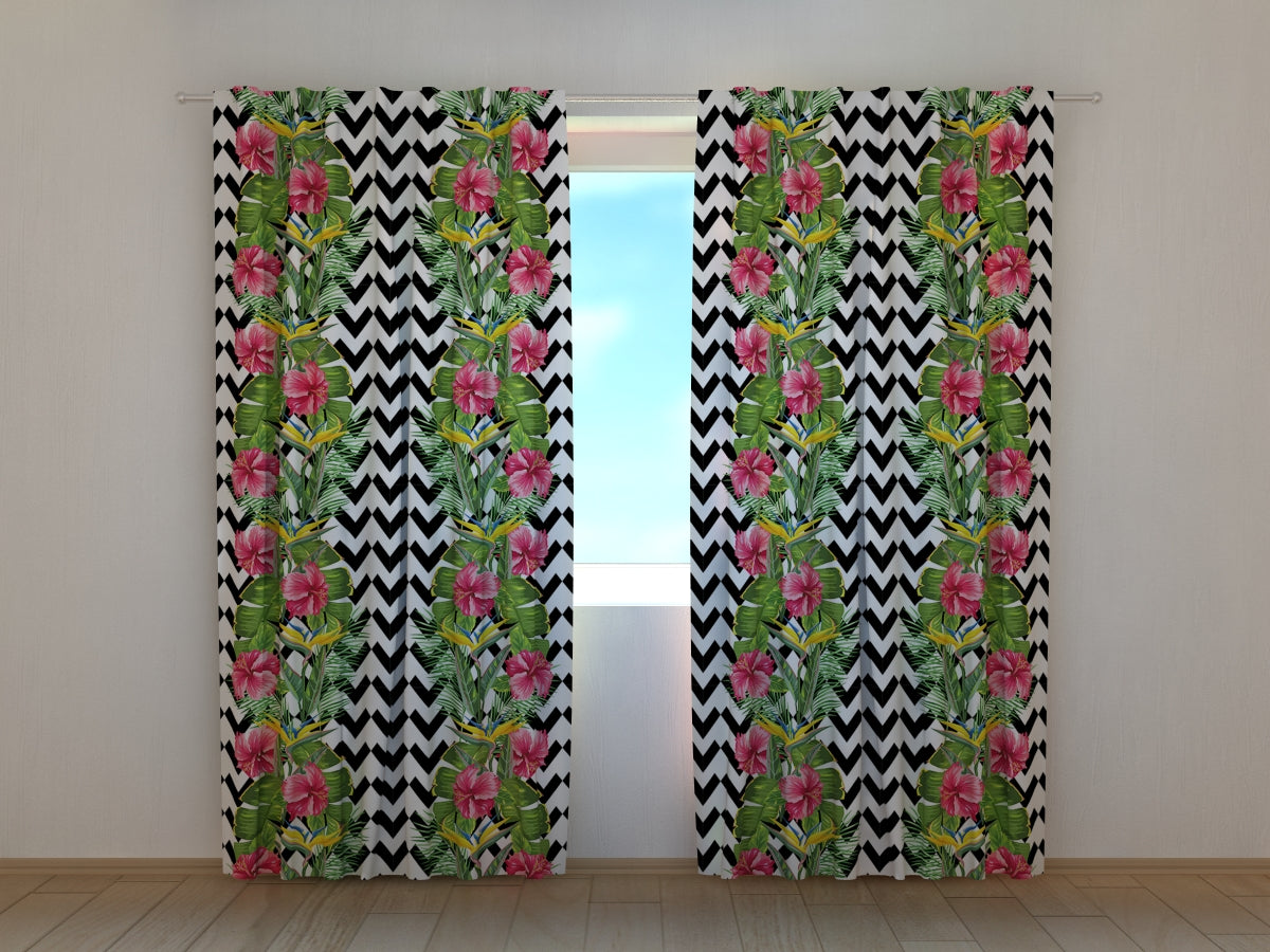 Photocurtain Tropical Leaves and Hibiscus Flowers - Wellmira