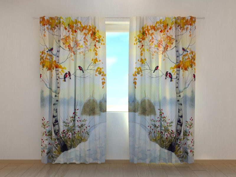 Rideau photo Bouvreuils aquarelles sur le bouleau