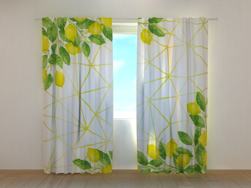 Photo Curtain Watercolour Lemons on Golden Pattern