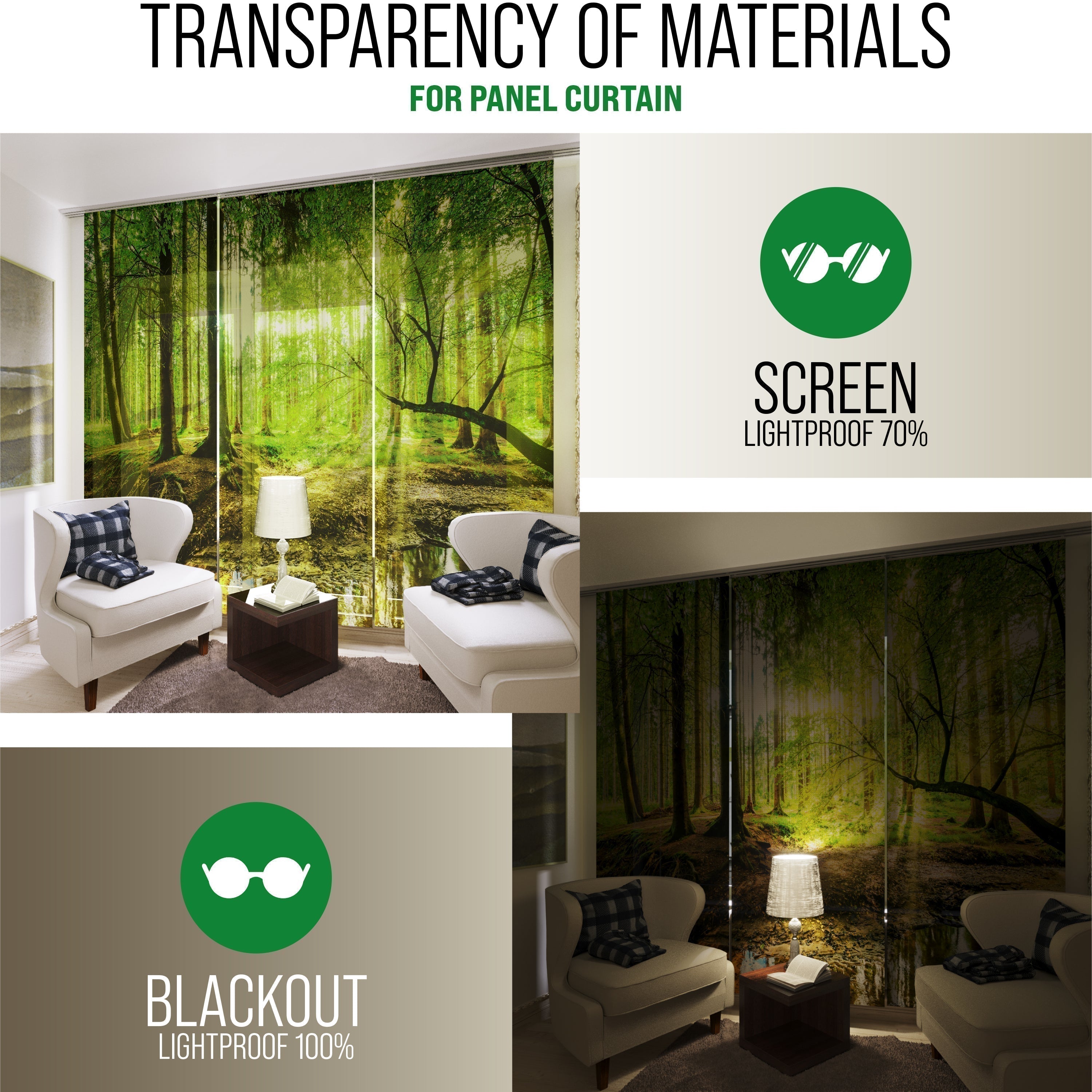Set of 4 Panel Curtains Japanese Watercolor Green Bamboo