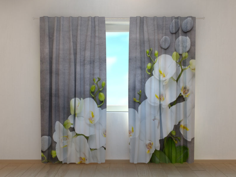 Photo Curtain White Orchids on Gray Marble