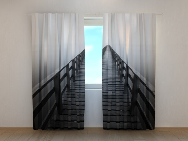 Rideau photo chemin de bois en noir et blanc