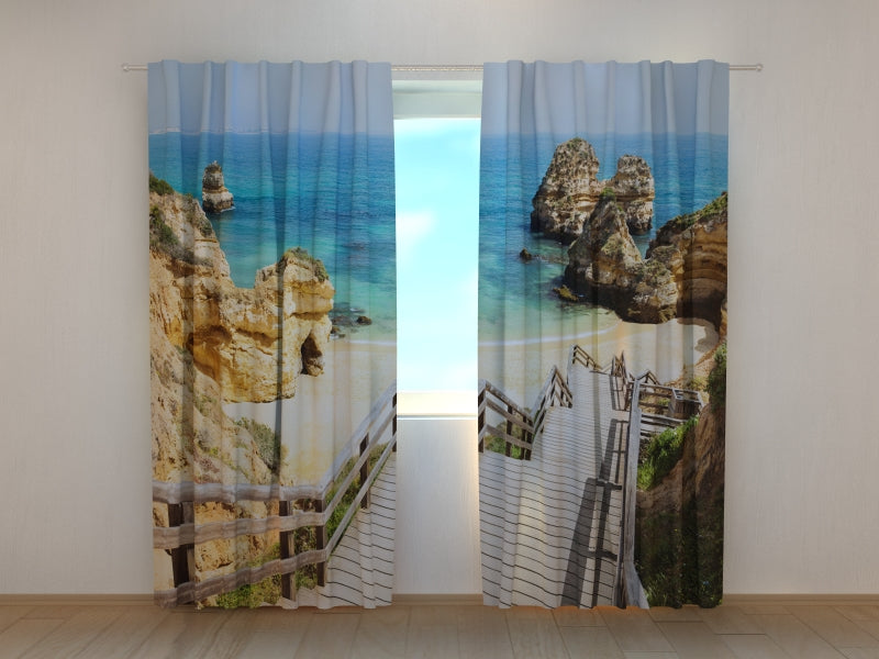Photo Curtain Wooden Staircase to a Beautiful Beach in the Algarve